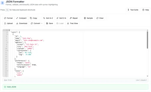 JSON Formatter Tool - Format and validate JSON data with syntax highlighting